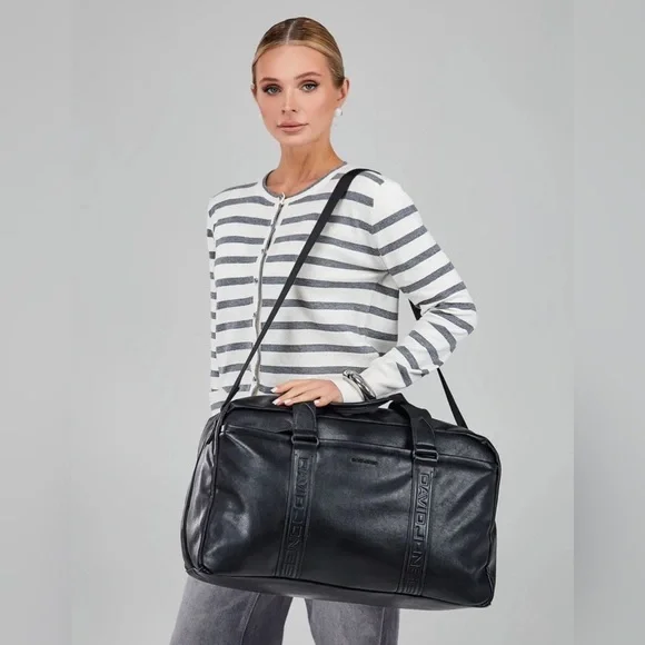 NWT David Jones Black Leather Travel Duffle Bag Gym Weekender 20x11x9 in - Picture 9 of 11